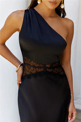 Show You Love One Shoulder Satin Maxi Dress Black