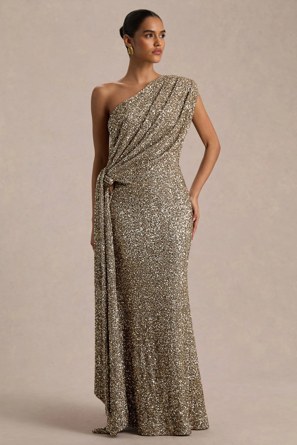 Liori | Champagne Sequin Asymmetric-Neck Maxi Dress With Sash