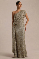 Liori | Champagne Sequin Asymmetric-Neck Maxi Dress With Sash