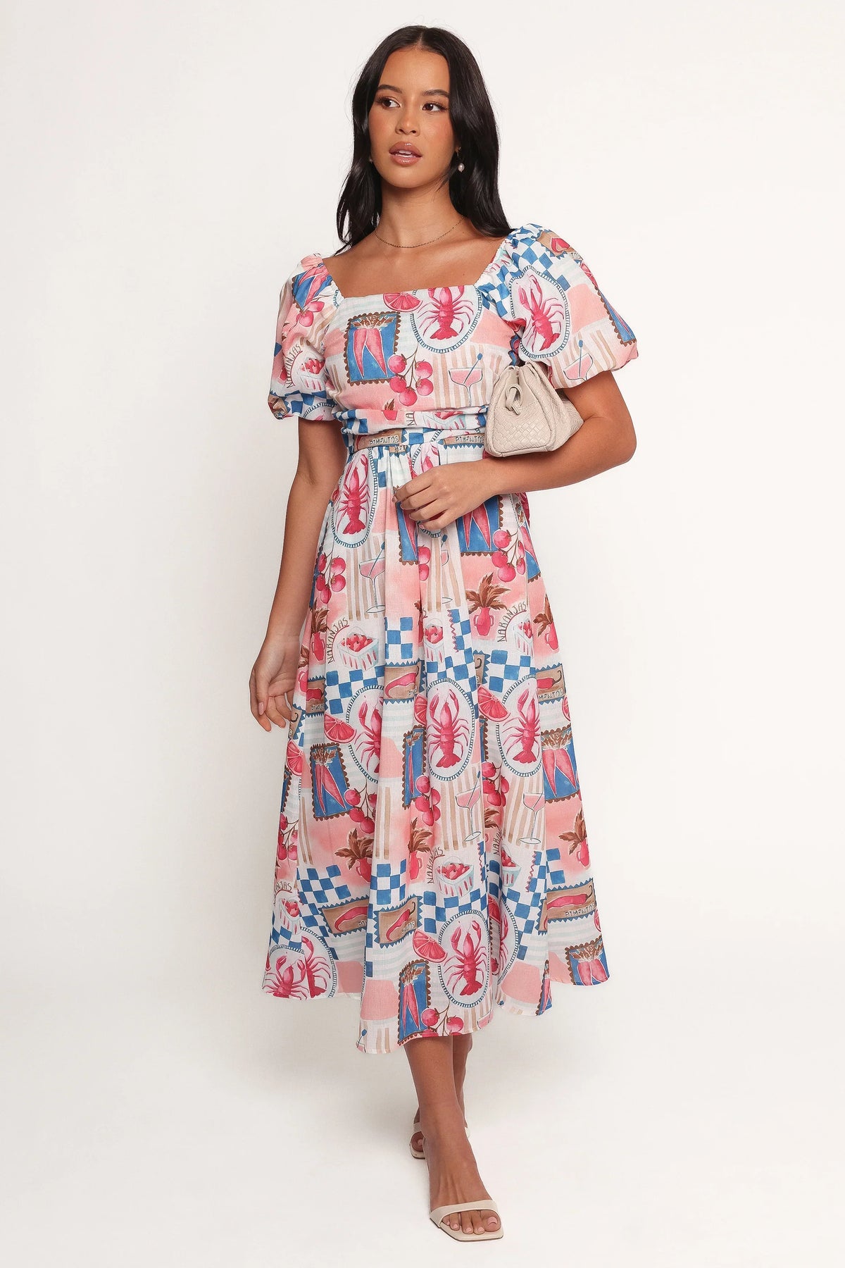 Clo Puff Sleeve Midi Dress - Pink Blue