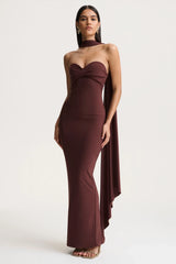 Sheila | Dark Brown Bandeau Maxi Dress With Scarf Detail