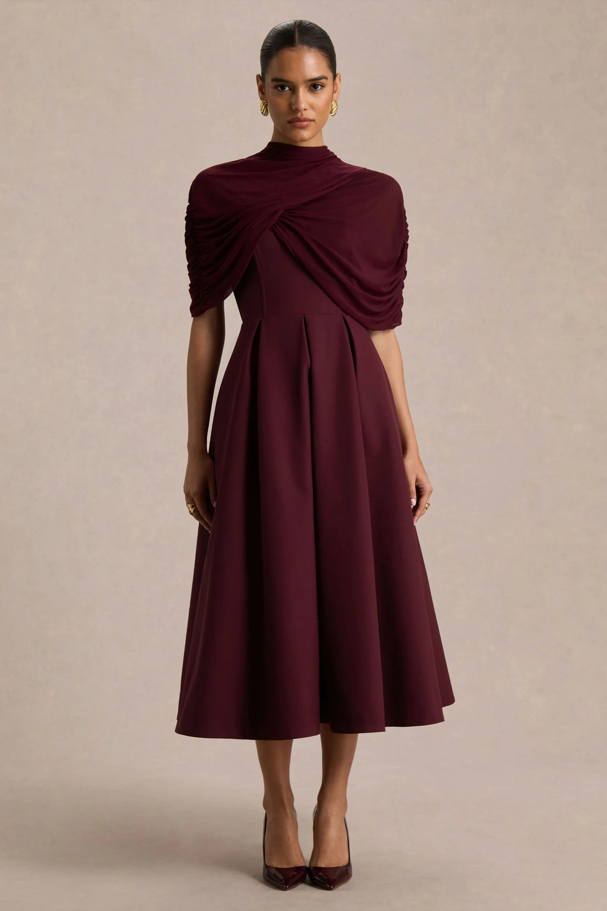 Thalia | Burgundy High-Neck Midi Dress With Sheer Mesh Cape
