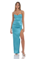 Satin Corset Maxi Dress in Blue