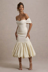 Posie | Stone Bardot Midi Dress With Puffball Hem