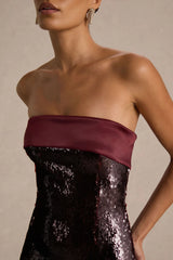 Casandra | Burgundy Sequin Bandeau Mini Dress With Satin Trim