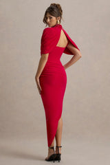 Enchant | Red Asymmetric Twisted Cape Midi Dress