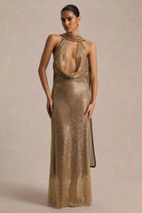 Anele | Gold Sequin High-Neck Maxi Dress With Sash And Open-Back