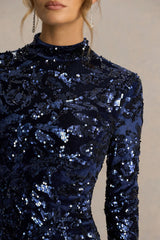 Alanita | Navy Velvet And Sequin High-Neck Midi Dress With Long Sleeves