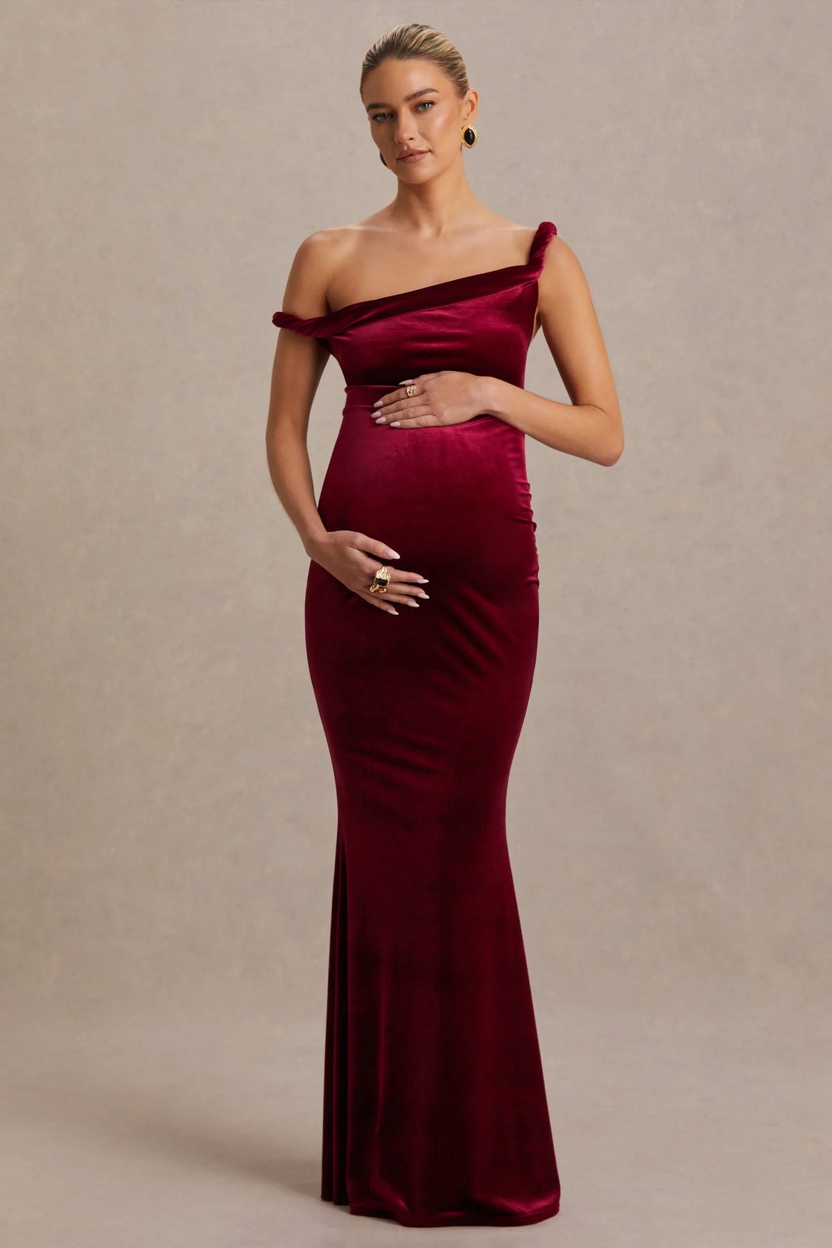 Tallulah | Burgundy Velvet Asymmetric-Neck Maternity Maxi Dress With Twist-Sleeve