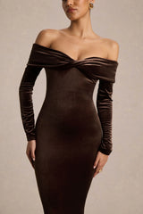 Compliment | Brown Velvet Bardot Midi Dress