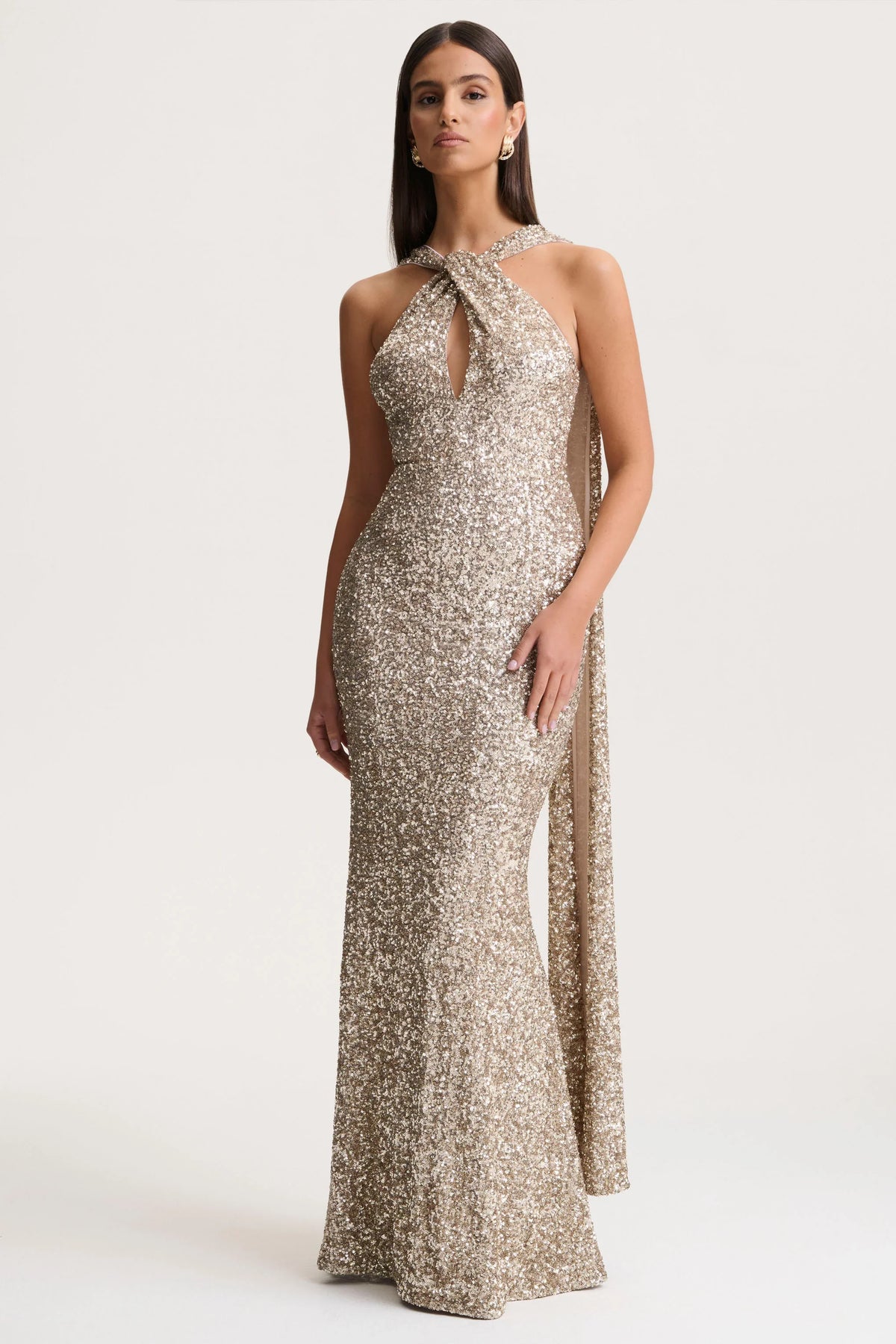 Renelle | Gold Sequin Halter-Neck Maxi Dress