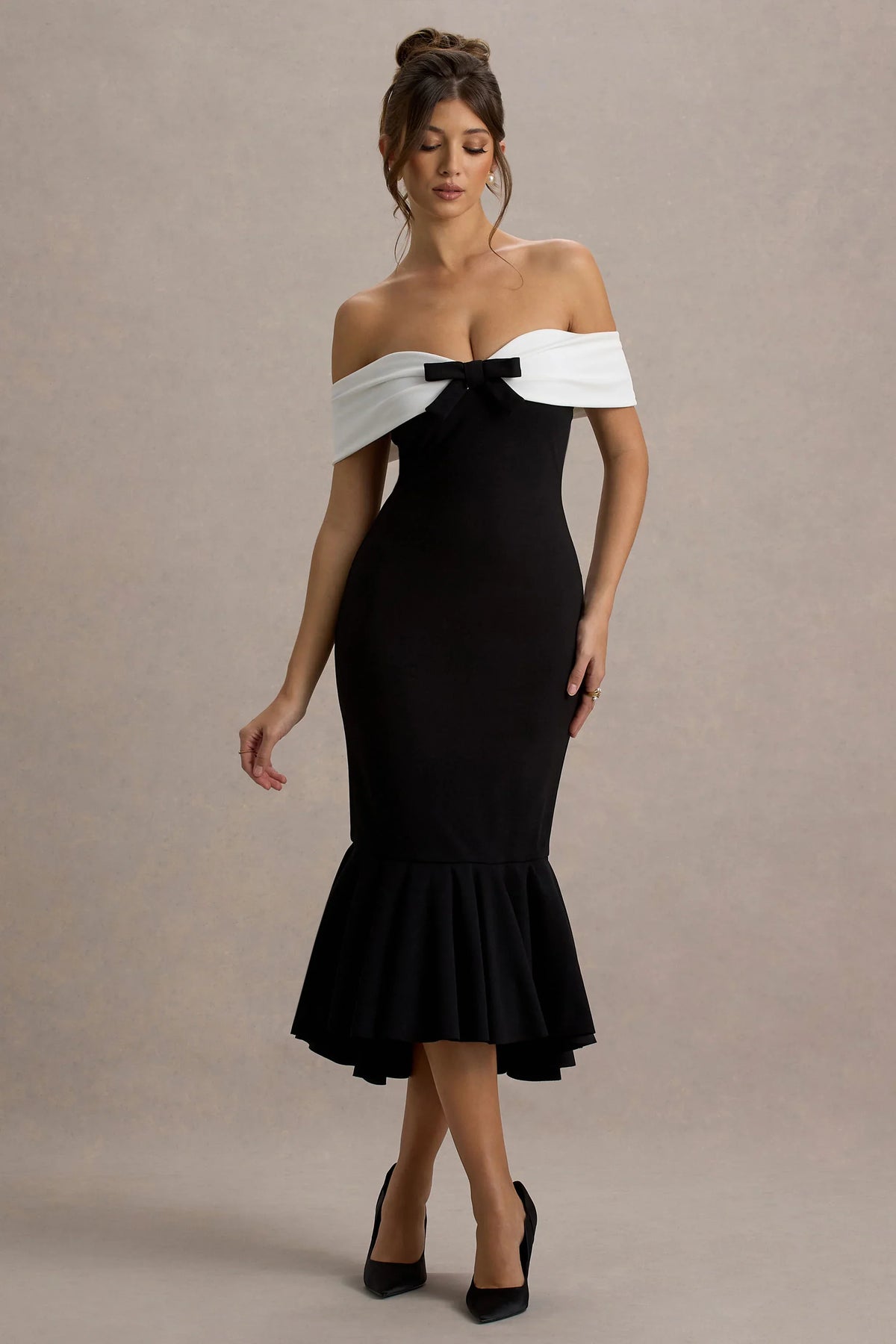 Corola | Black & White Bardot Volume-Hem Midi Dress