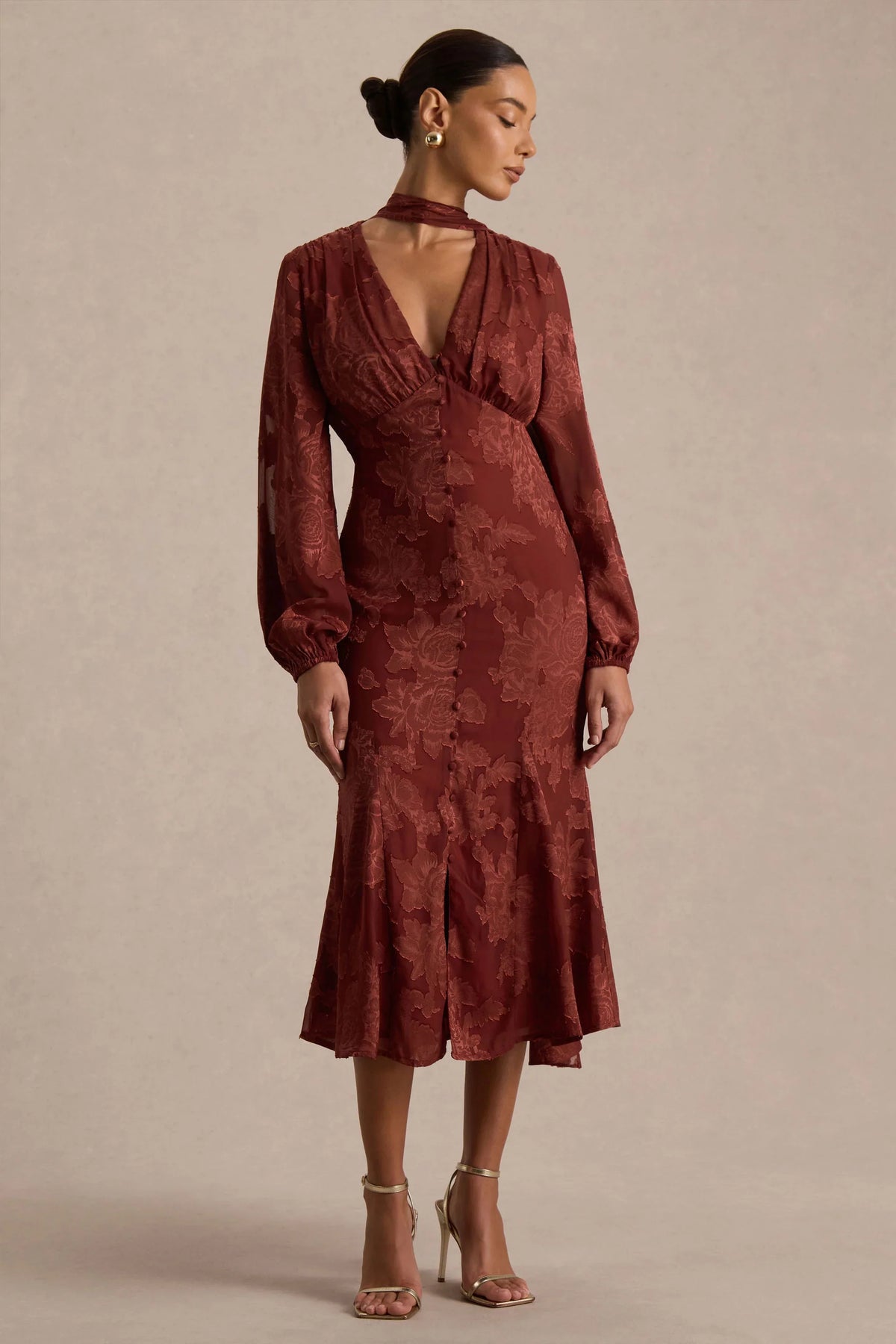 Sabina | Rust Devore Plunge-Neck Midi Dress