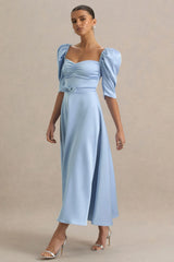 Rosey | Powder Blue Satin Sweetheart Midi Dress