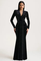 Halima | Black Velvet Plunge-Neck Maxi Dress With Gathered Detailing