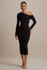 Cleo | Black Bodycon Midi Dress With Mesh Sleeves