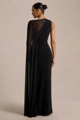 Mirelle | Black Asymmetric-Neck Maxi Dress With Sheer Cape-Sleeve