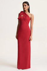 Adara | Red Asymmetric-Neck Maxi Dress With Bow-Detail