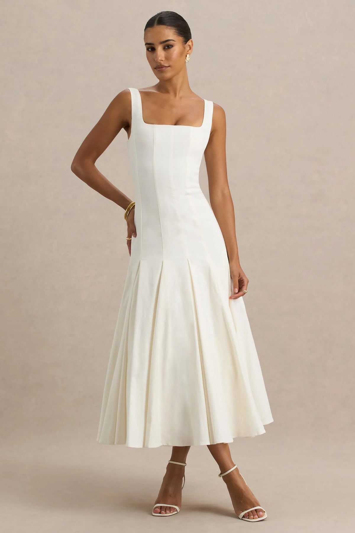 Magnolia | White Scoop-Neck Midi Dress With Drop-Waist And Ruffling Detail