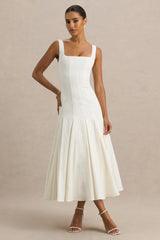 Magnolia | White Scoop-Neck Midi Dress With Drop-Waist And Ruffling Detail