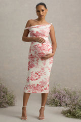 Salome | Pink Floral Print Twisted Asymmetric Maternity Midi Dress