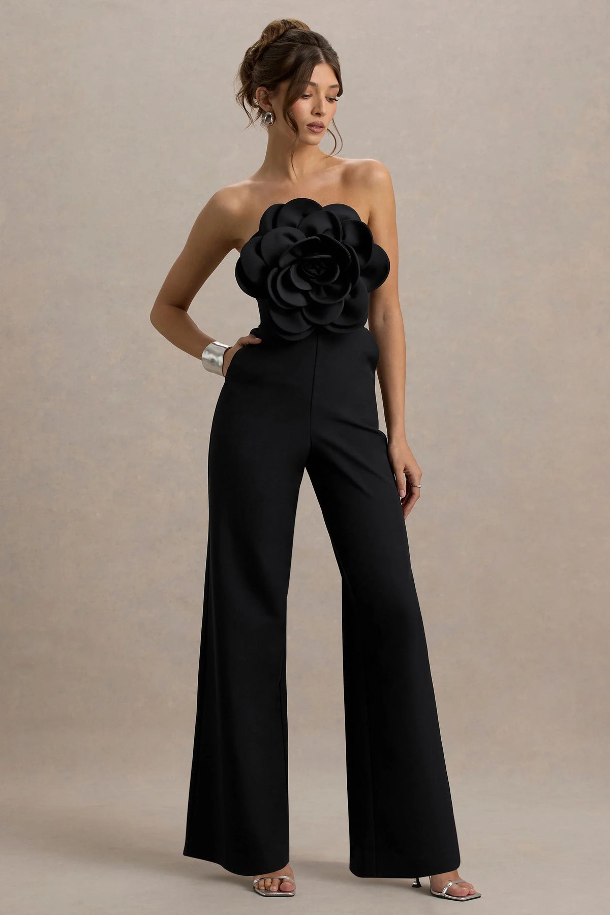Opia | Black Bandeau Wide-Leg Jumpsuit With Large Floral Corsage