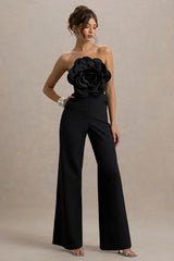 Opia | Black Bandeau Wide-Leg Jumpsuit With Large Floral Corsage