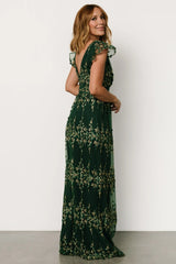 Eva Embroidered Maxi Dress | Green + Gold