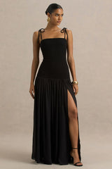 Maeva | Black Square-Neck Fishtail Maxi Dress With Ruched Detailing