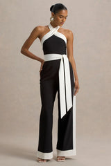 Caterina | Black & White Halter-Neck Wide-Leg Jumpsuit