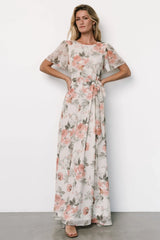 Naomi Short Sleeve Maxi Dress | Ivory + Coral Floral