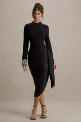 Luanna | Black Satin Long-Sleeve Midi Dress With Draped Skirt