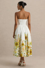 Ivory | Sunflower Print Bandeau High-Low Midi Dress