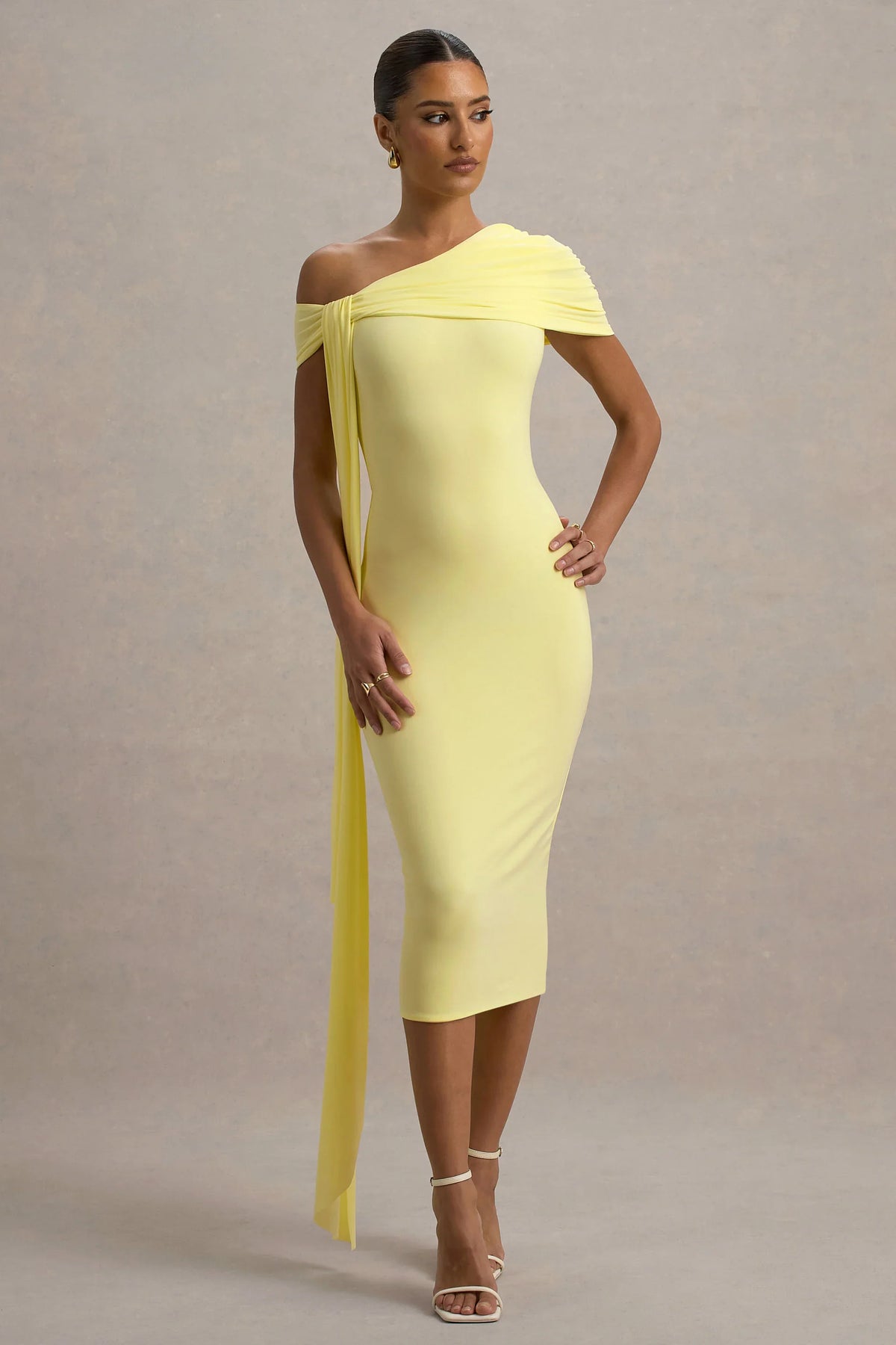 Vallea | Lemon One-Shoulder Draped Midi Dress
