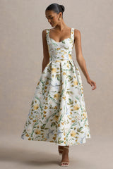 Rosemary | Floral Print Sweetheart Midi Dress With Drop Waist