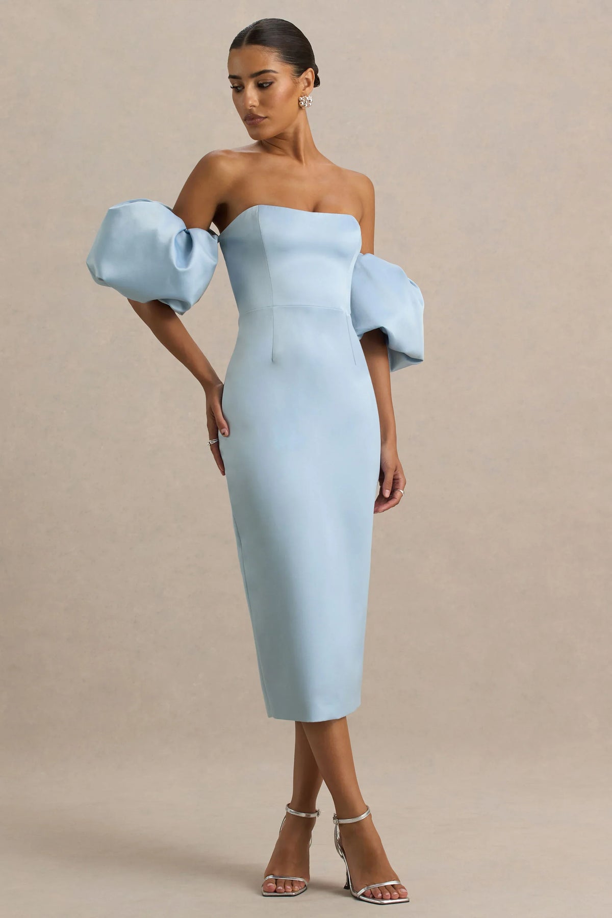 Imogen | Powder Blue Satin Short-Sleeve Bardot Midi Dress With Ruffle Detail