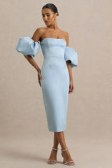 Imogen | Powder Blue Satin Short-Sleeve Bardot Midi Dress With Ruffle Detail
