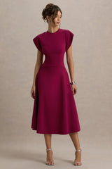 Linda | Dark Cherry Crew-Neck Cap-Sleeve Midi Dress