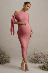 Katarine | Pink Asymmetric Knot Maternity Midi Dress