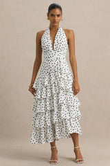 Violet | White Polka Dot Midi Dress With Halter-Neck and Ruffled Skirt