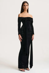 Jessara | Black Bardot-Neck Maxi Dress With Knot-Details