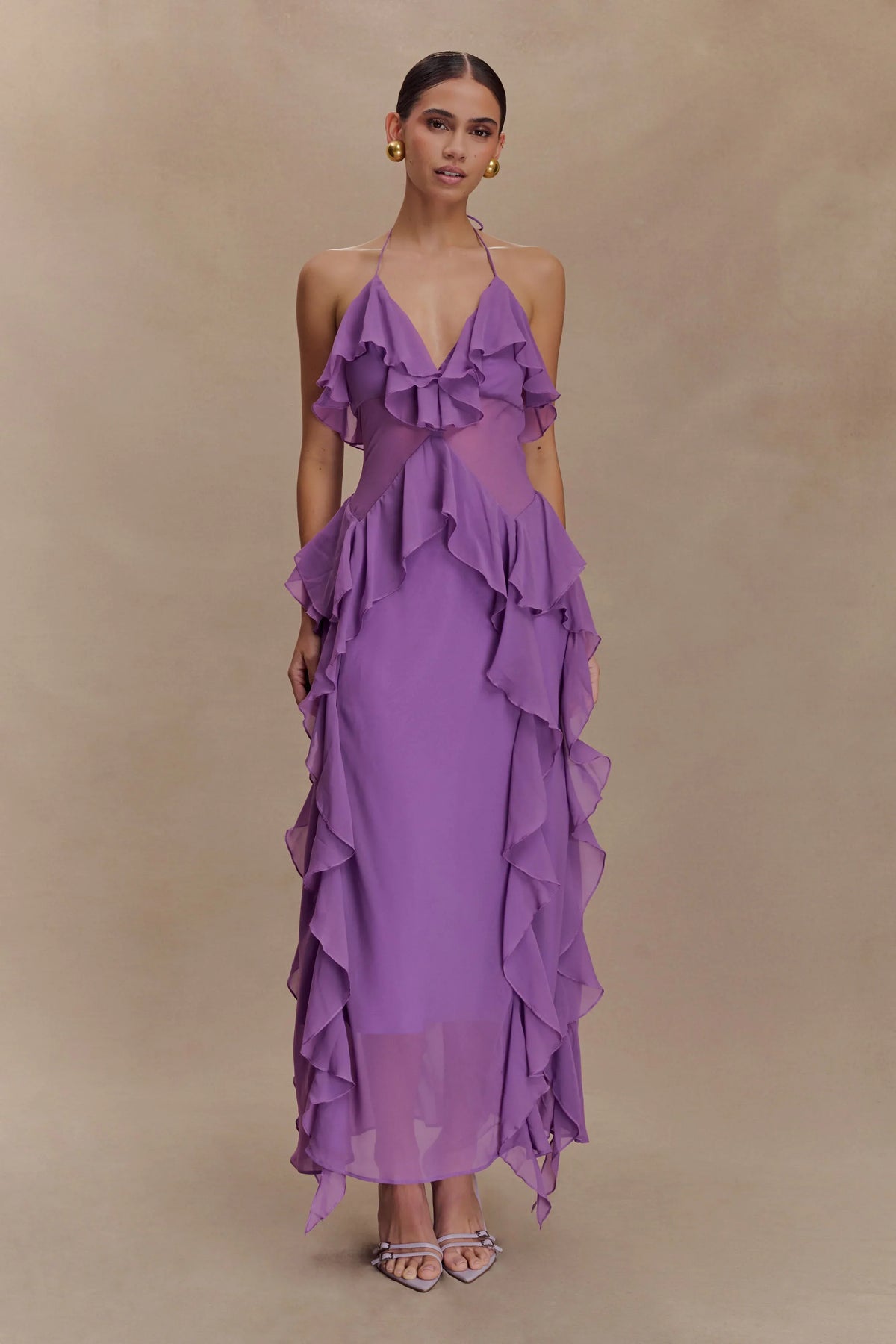 Aleyna Chiffon Ruffle Midi Dress - Purple