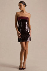 Casandra | Burgundy Sequin Bandeau Mini Dress With Satin Trim