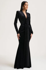 Halima | Black Velvet Plunge-Neck Maxi Dress With Gathered Detailing