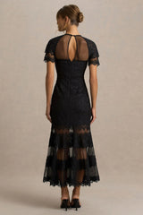 Leanne | Black Mesh And Lace Crew-Neck Fishtail Midi Dress
