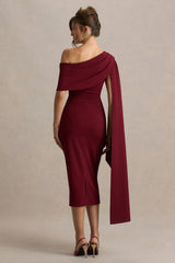 Leah | Burgundy Asymmetric-Neck Midi Dress With Cape-Sleeve And Draped Detailing