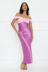 Luxe And Lavish Off Shoulder Satin Maxi Dress Purple