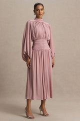 Annabel | Dusty Pink High-Neck Midi Dress With Drop-Waist And Pleated Detailing