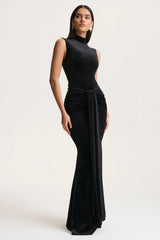 Idalina | Black Velvet High-Neck Maxi Dress With Gathered-Detailing