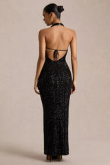 Gio | Black Sequin Plunge-Neck Wrap Maxi Dress With Ruched Detailing
